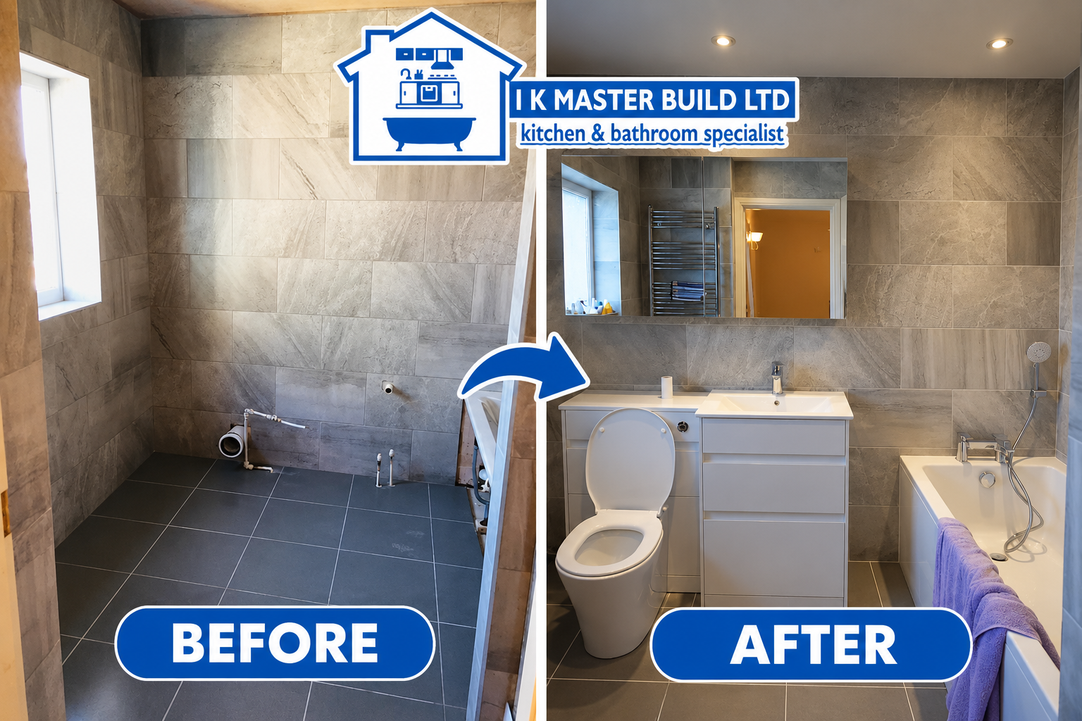 Bathroom before and after: empty tiled shell with exposed pipework transformed into completed bathroom with large grey stone-effect tiles, vanity unit and bath