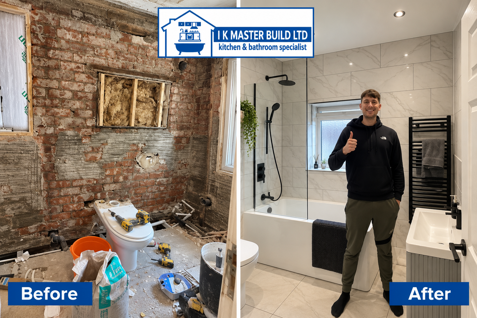 Bathroom before and after: fully stripped room with exposed brick walls transformed into completed bathroom with large white tiles, black-framed bath screen and black shower fixtures