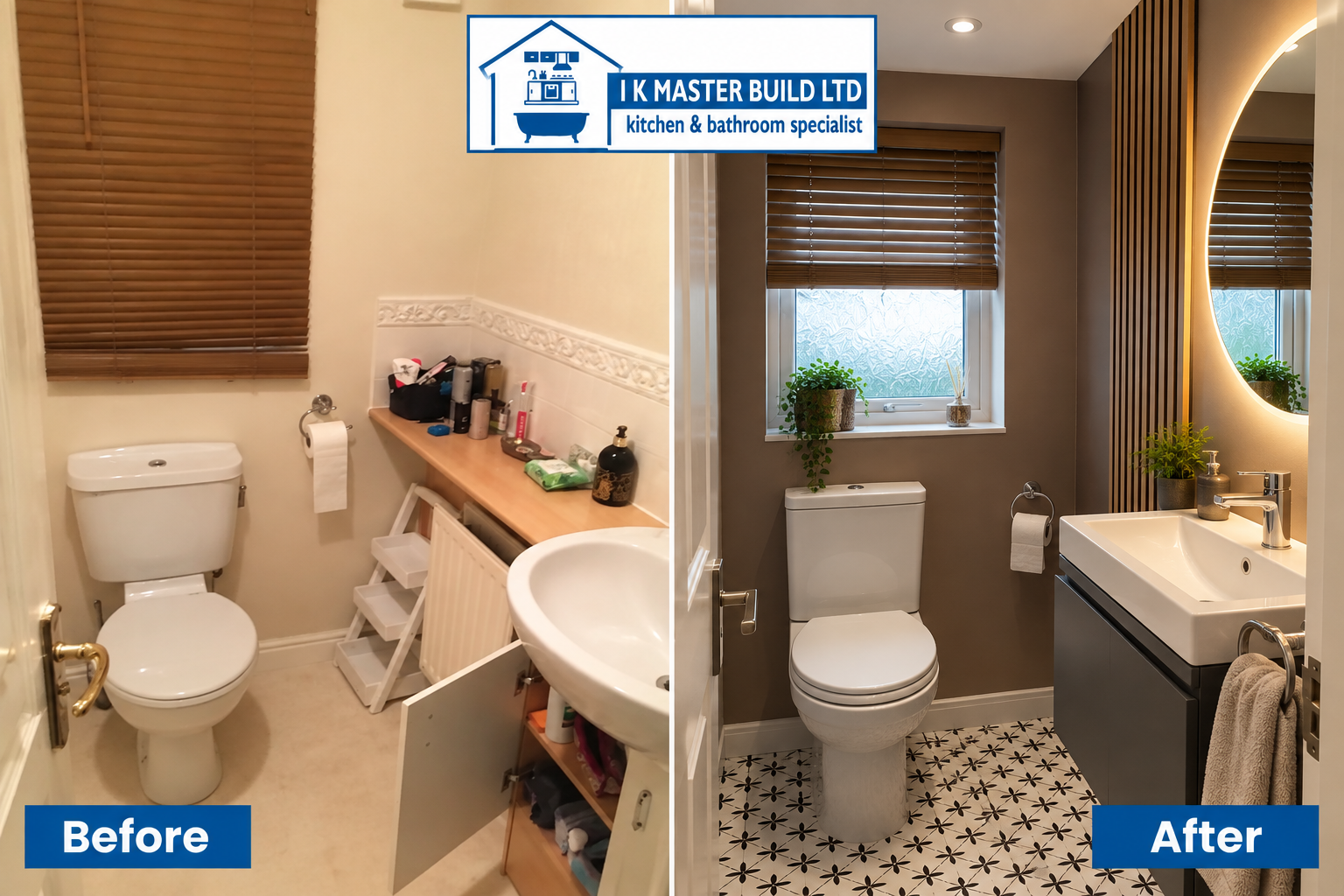 Bathroom before and after: old toilet and pedestal sink replaced with completed cloakroom featuring floating vanity unit, patterned floor tiles, illuminated round mirror and slatted wall panel