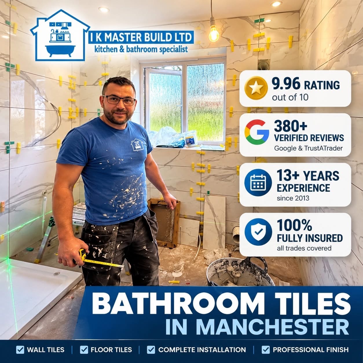 Bathroom tiling in progress: fitter installing large-format marble-effect wall tiles with tile spacers and laser level