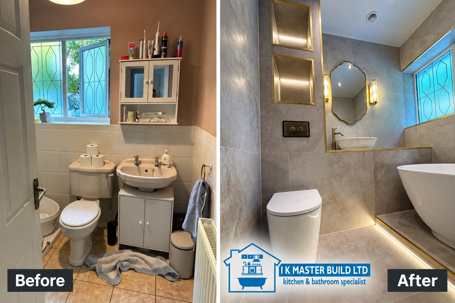 Bathroom before and after: dated pink-walled bathroom with close-coupled toilet and pedestal basin transformed into a luxury bathroom with large-format grey marble-effect tiles, wall-hung concealed-cistern toilet, vessel basin, brass fittings, illuminated recessed niches and freestanding bath