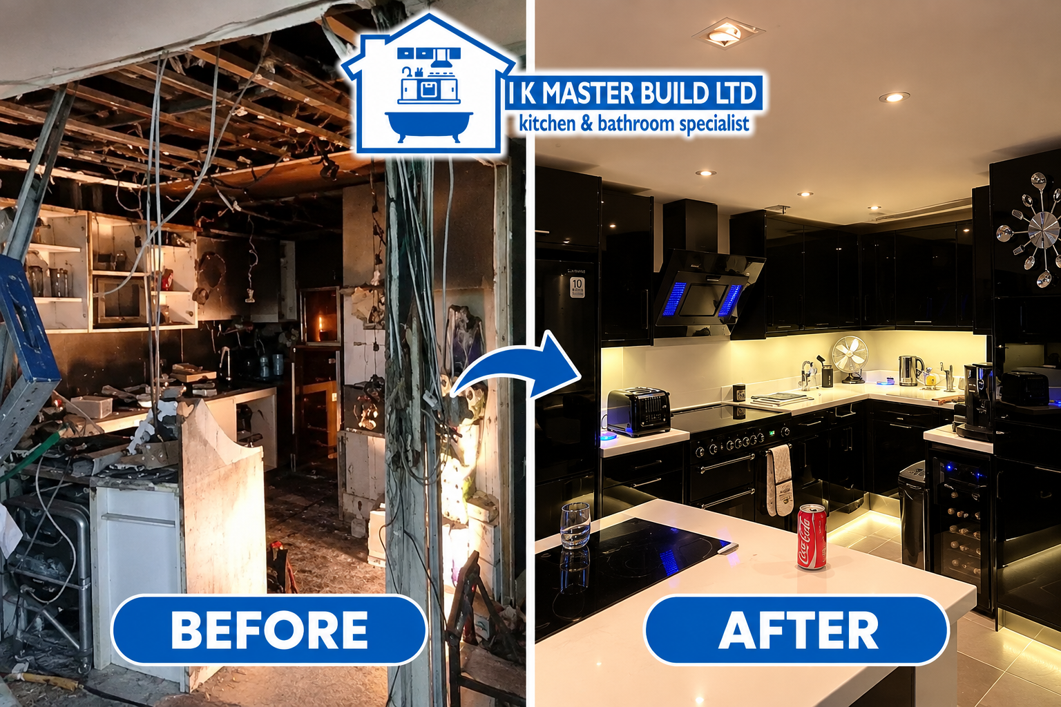 Kitchen before and after: heavily stripped room with exposed wiring and damaged ceiling transformed into black gloss kitchen with white worktop, island induction hob and under-cabinet lighting