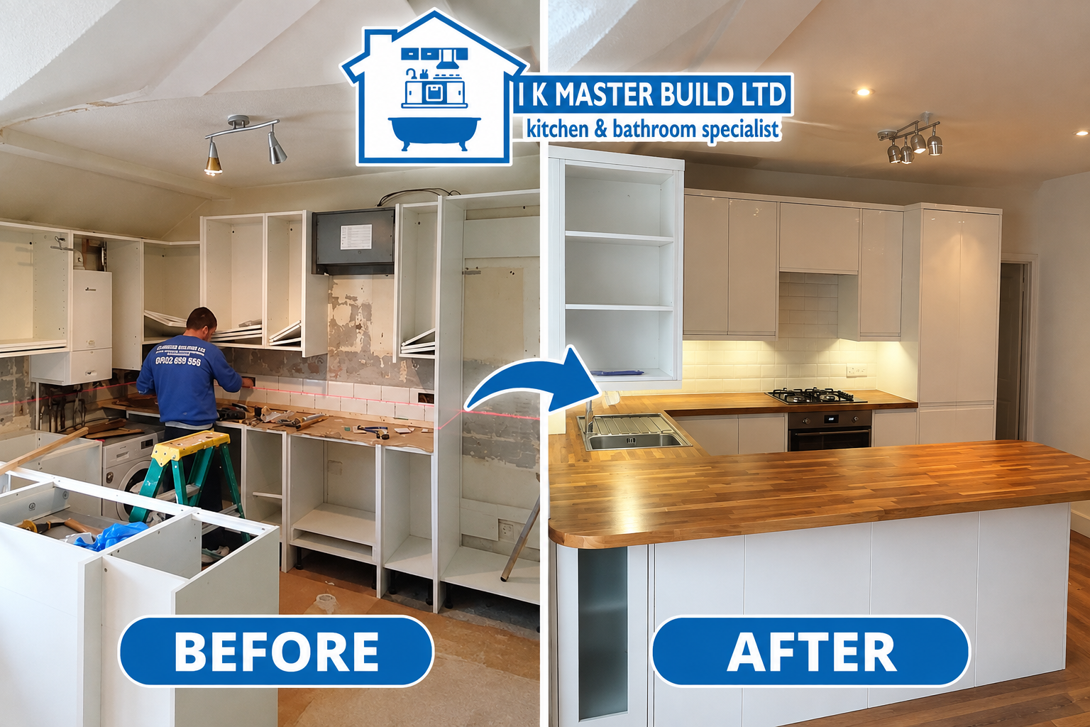 Kitchen before and after: fitter installing carcasses with laser level, completed as white cabinets with solid wood worktop and central island