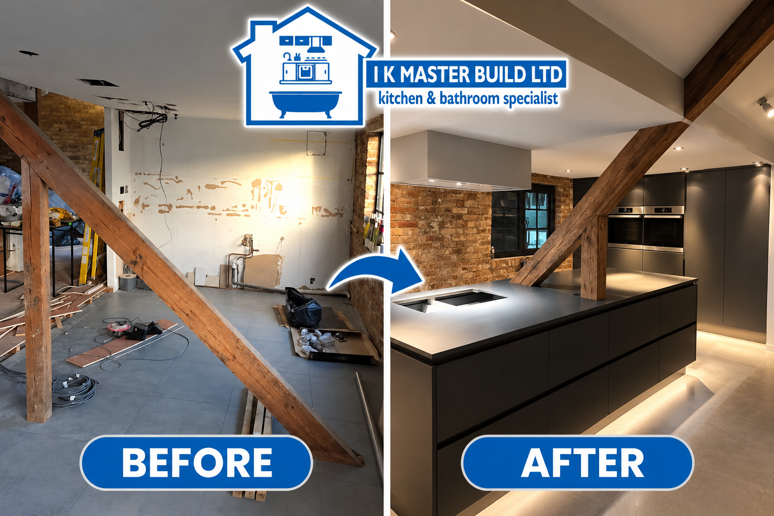 Kitchen before and after: stripped room with exposed brick walls and timber beams transformed into dark handleless kitchen with large island, induction hob and exposed brick feature wall