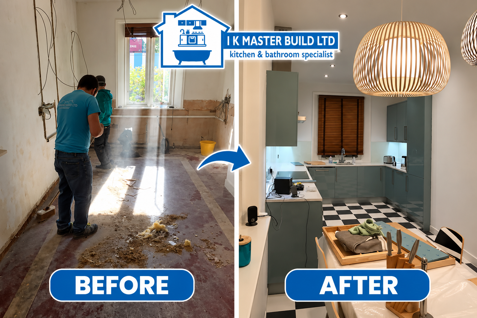 Kitchen before and after: two fitters stripping old floor, completed as teal gloss cabinets with black and white chequerboard floor tiles and central island