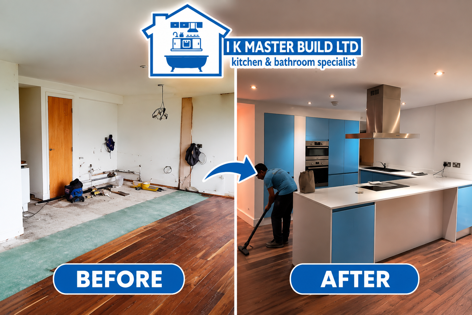 Kitchen before and after: stripped room with exposed pipes and floorboards transformed into blue gloss kitchen with white worktop island and fitter completing final clean